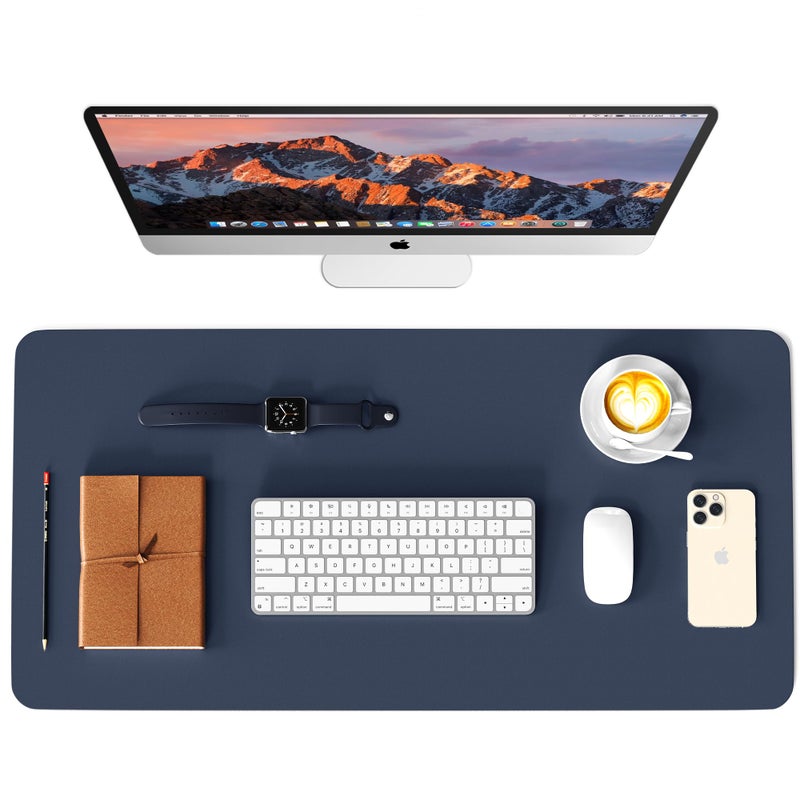 WAYBER Leather Desk Pad Protector, Waterproof Mouse Pad, PU Desk Mat, Office Desk Cover, Desk Writing Mat for Office/Home/Work/Cubicle (Blue/Yellow) 35.4x17in - Image 1